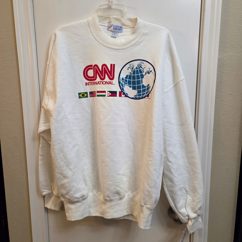 Vintage Jerzees CNN International Sweatshirt White XL Made in USA NWT 90s News
